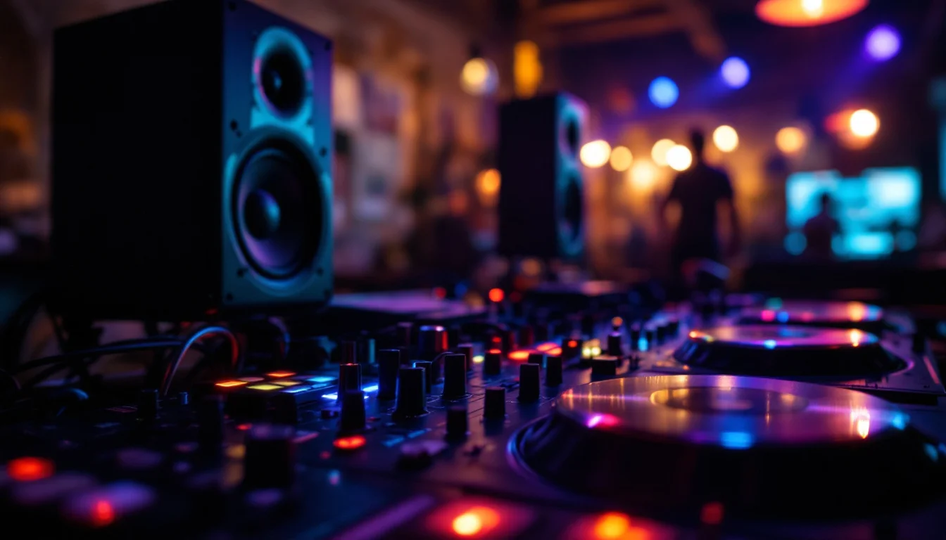 Mobile Disco Hire Costs UK — A close-up of professional disco speakers and DJ lighting equipment being set up