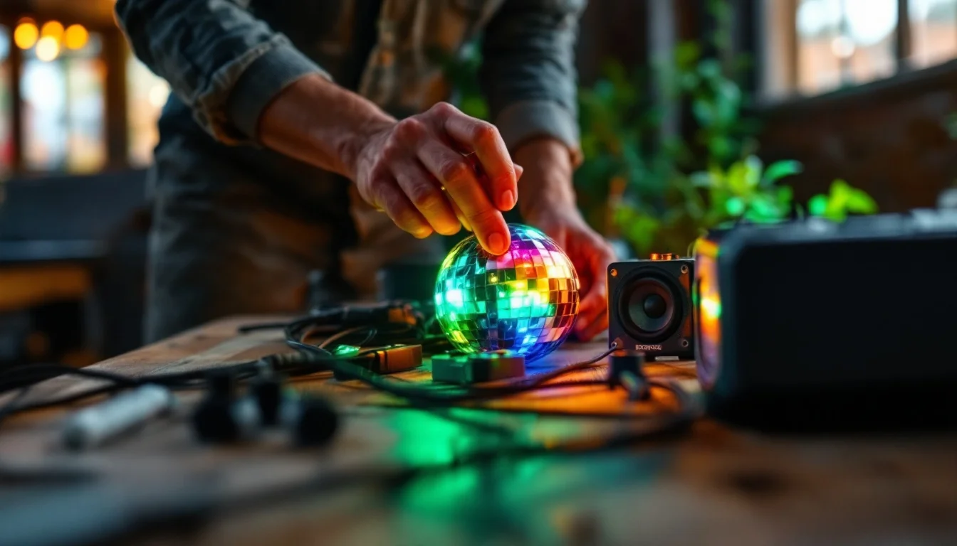 Benefits Of Hiring A Mobile DJ — A mobile DJ in smart attire setting up PAT-tested speakers and vibrant disco lig