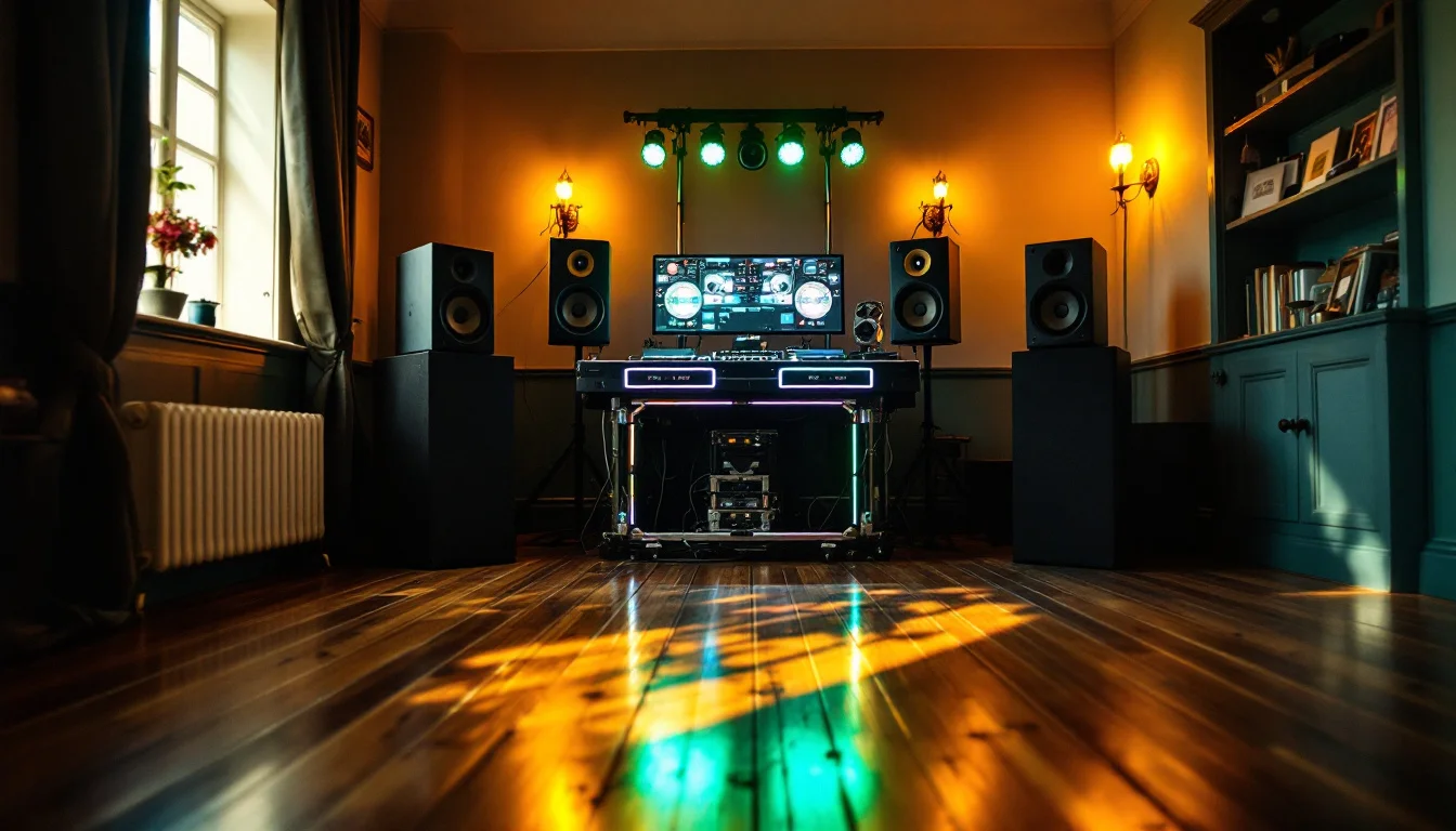 Local Mobile DJ Services Near Me — A professional DJ setting up a mobile disco system in a stylish UK event venue, Local Mobile DJ Services Near Me — A professional DJ setting up a mobile disco system in a stylish UK event venue,