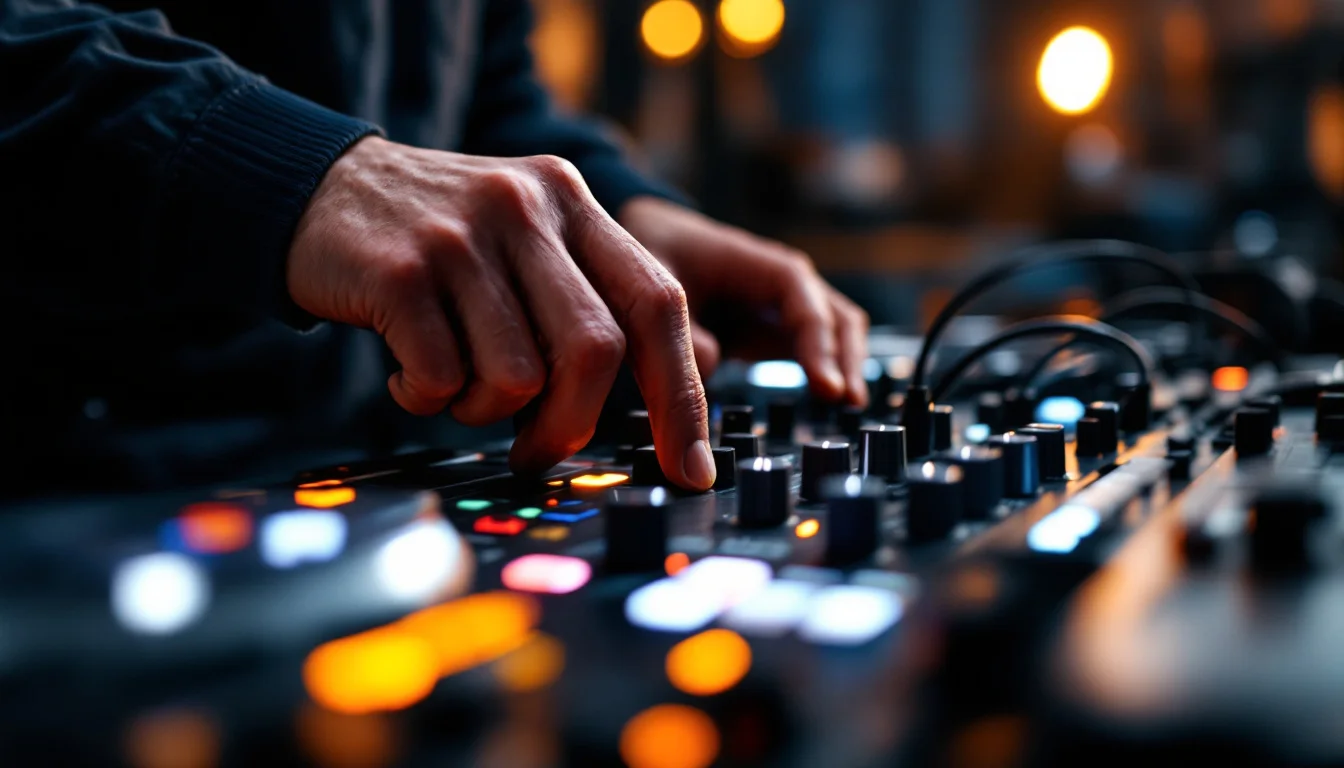 Mobile Disco Hire For Corporate Events — Professional sound and lighting equipment being set up by a technician in a conf Mobile Disco Hire For Corporate Events — Professional sound and lighting equipment being set up by a technician in a conf
