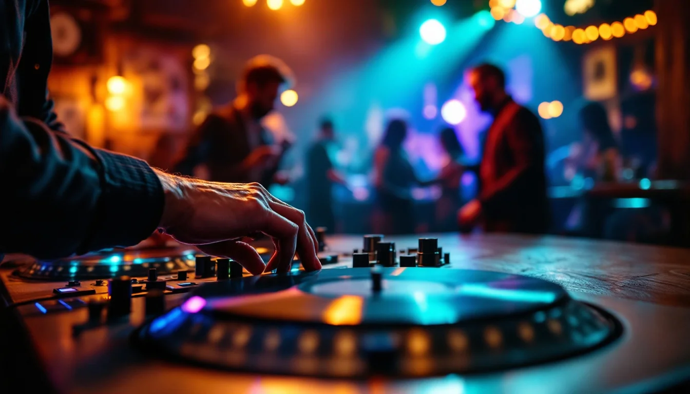 Mobile Disco Hire Reviews UK — DJ interacting enthusiastically with guests on a packed UK dancefloor, with dyna Mobile Disco Hire Reviews UK — DJ interacting enthusiastically with guests on a packed UK dancefloor, with dyna